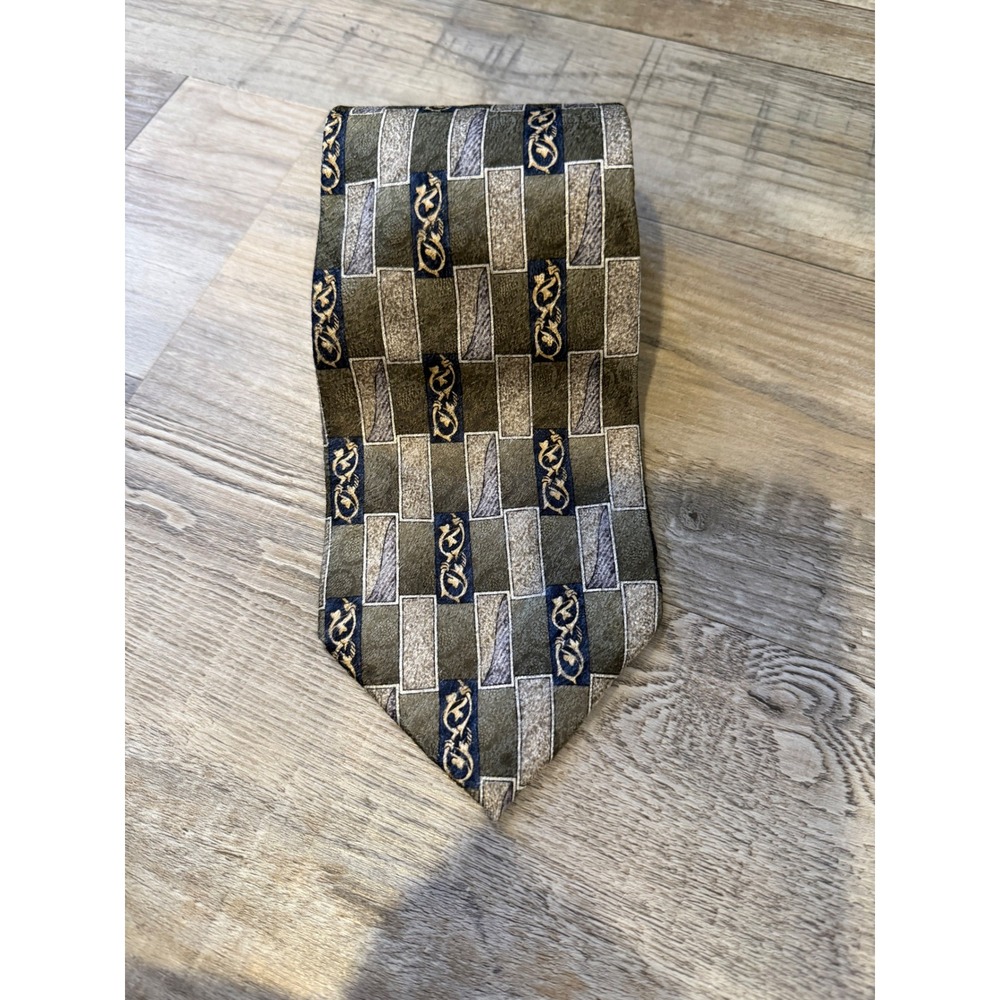 Pierre Cardin Mens Necktie 100% Silk Geometric Scroll Olive Green One Size